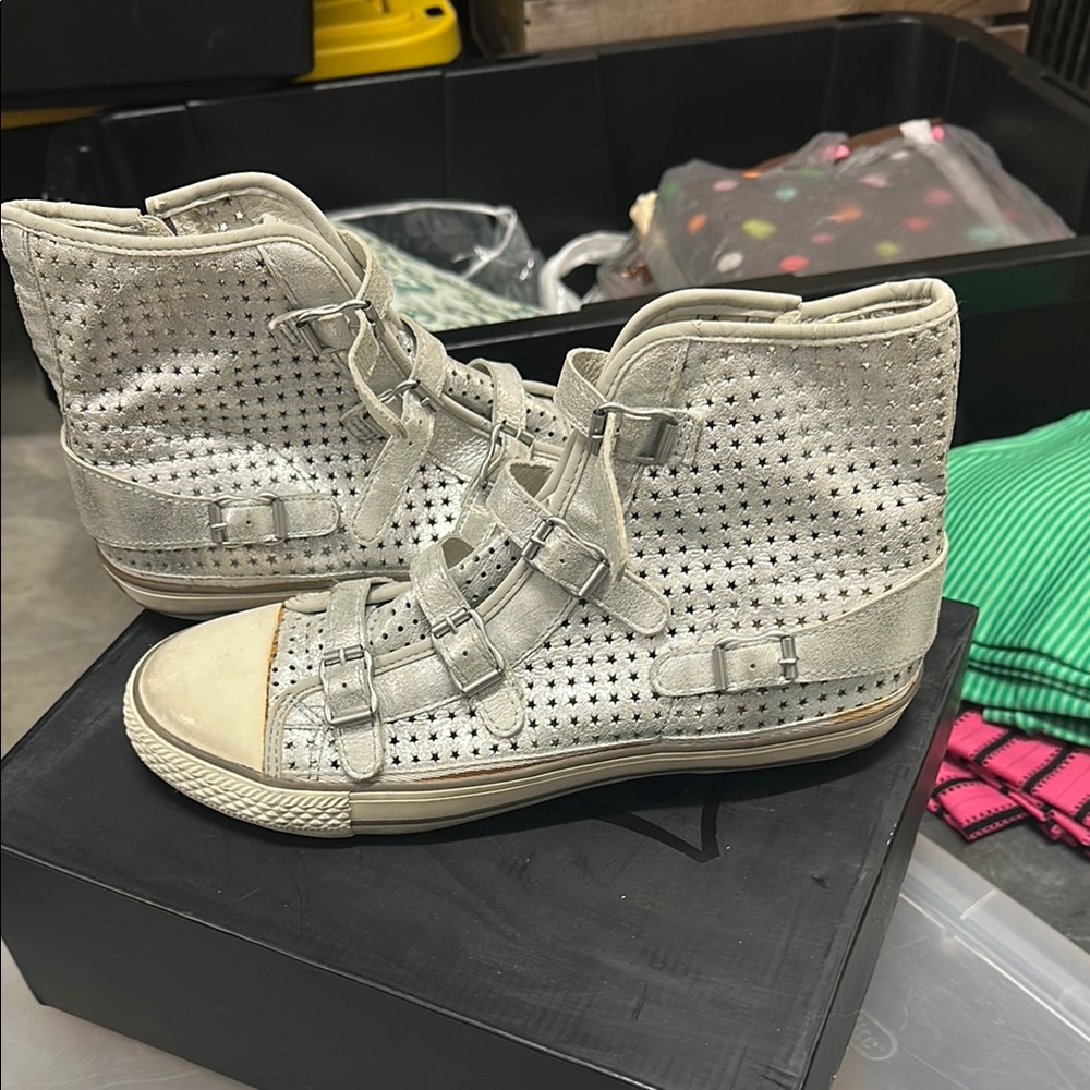 Ash Metallic silver leather High-Top Sneakers with Buckle Straps and side zipper